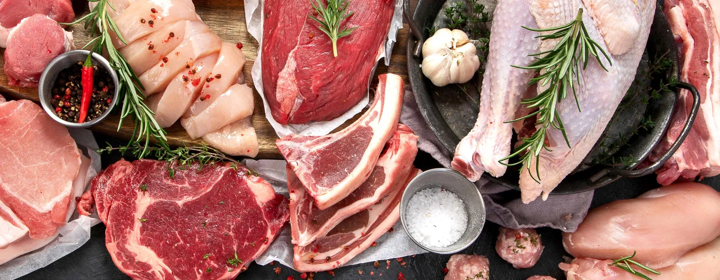 Verschiedene rohe Fleischstücke, darunter Rind, Schwein, Huhn und eine ganze Hähnchenbrust, garniert mit Rosmarin, Knoblauch und Gewürzen.