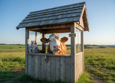 Braune Kuh steht in einem kleinen hölzernen Infostand auf einer Wiese unter blauem Himmel.