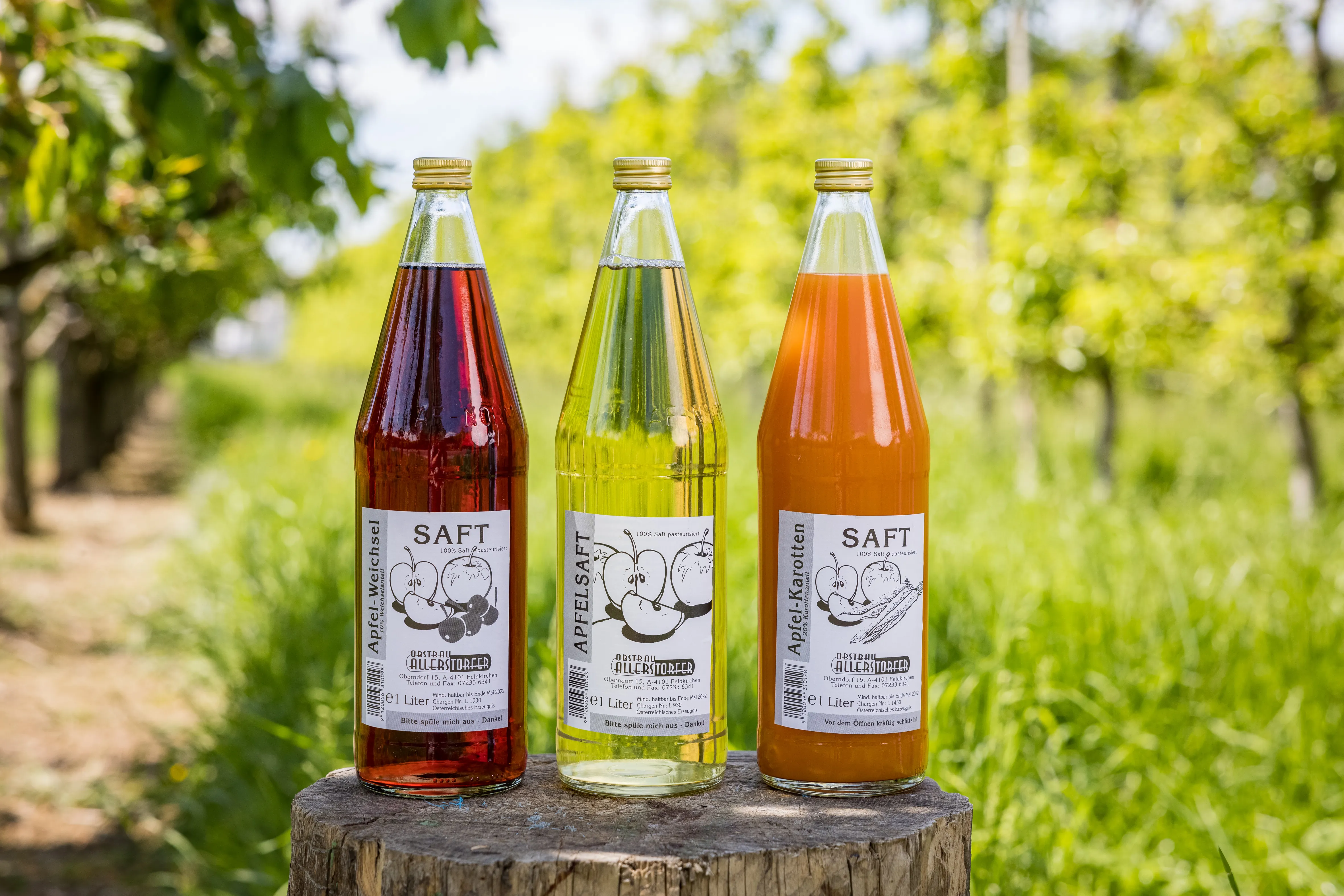 Drei Flaschen mit rotem, orangen und gelbem Inhalt stehen auf einem Baumstumpf; Dahinter ein Weg mit Bäumen und grüner Wiese bzw. Obstbäume