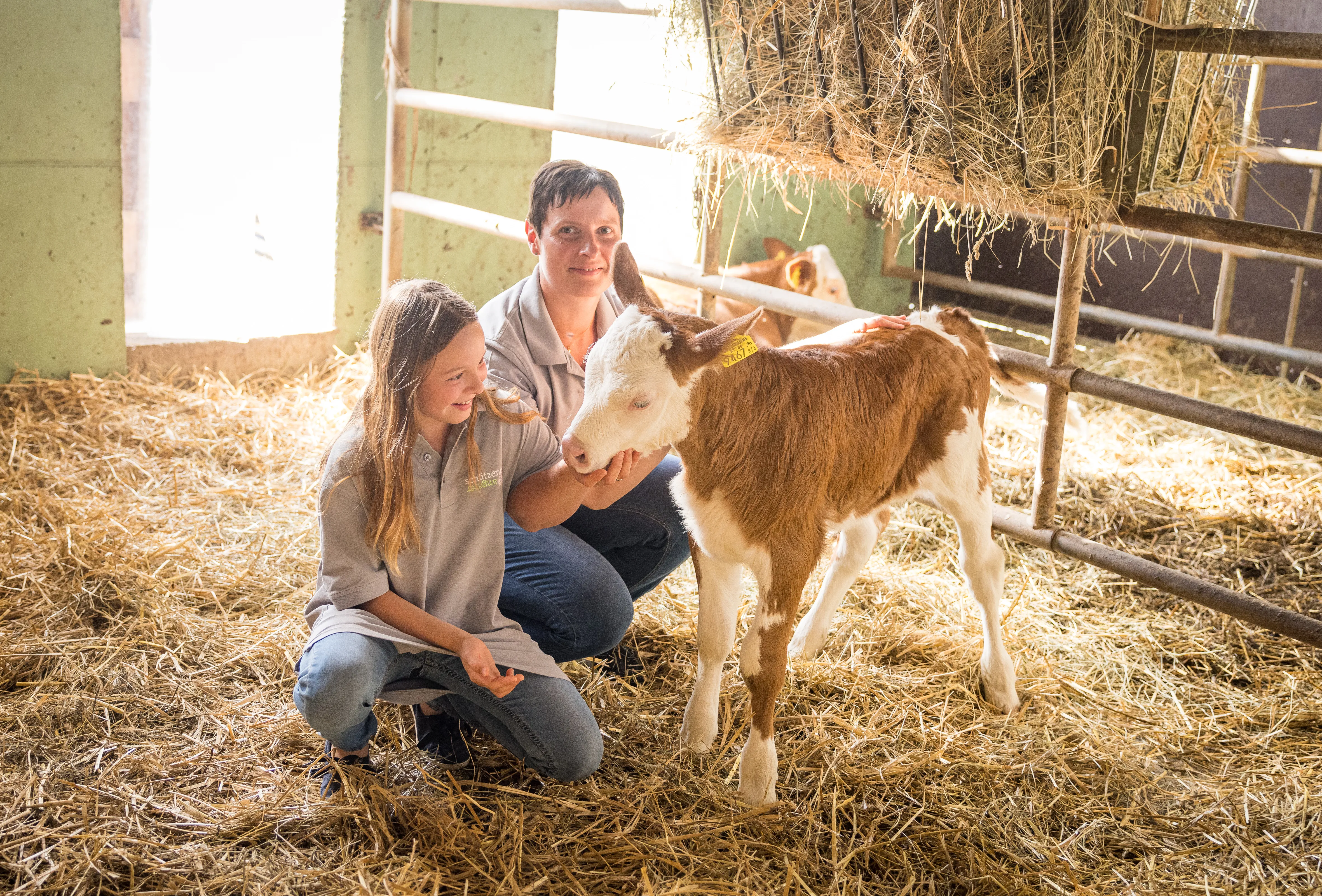 Eine Frau und ein Mädchen knien in einem Stall bei einem weiß/braunen Kälbchen. Auf dem Boden liegt Stroh, dahinter ein Gitter.