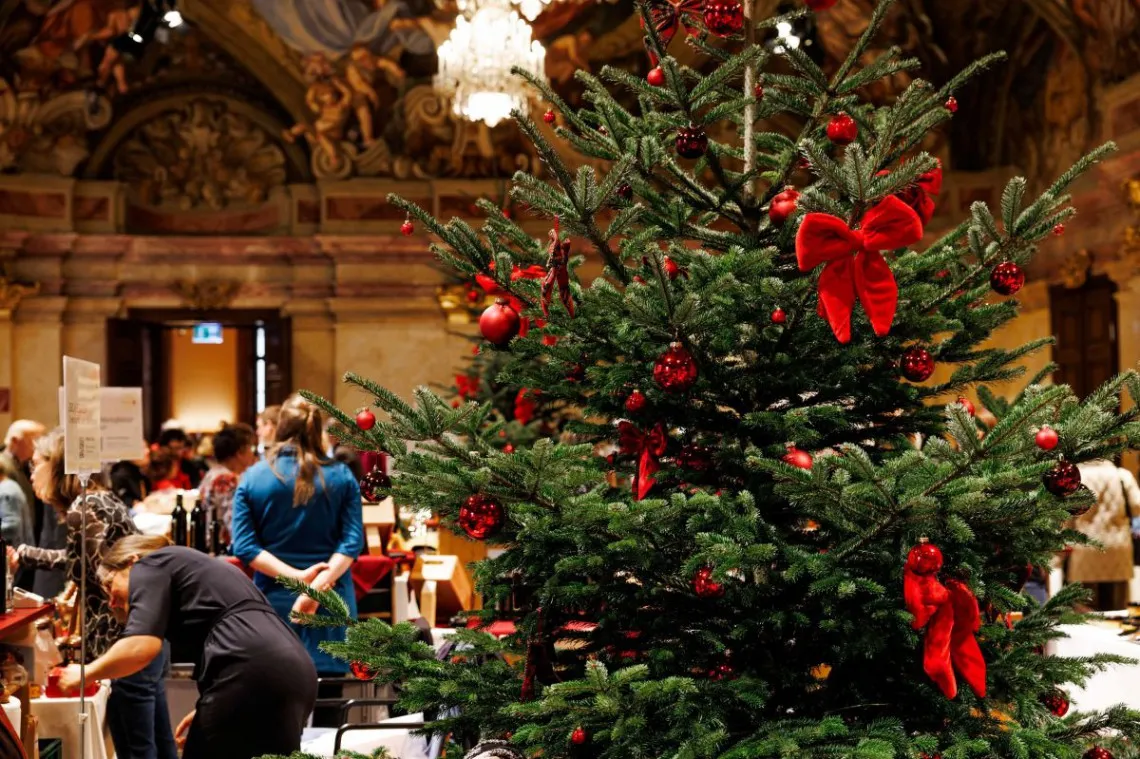 Rot geschmückter Christbauem am Palais NÖ