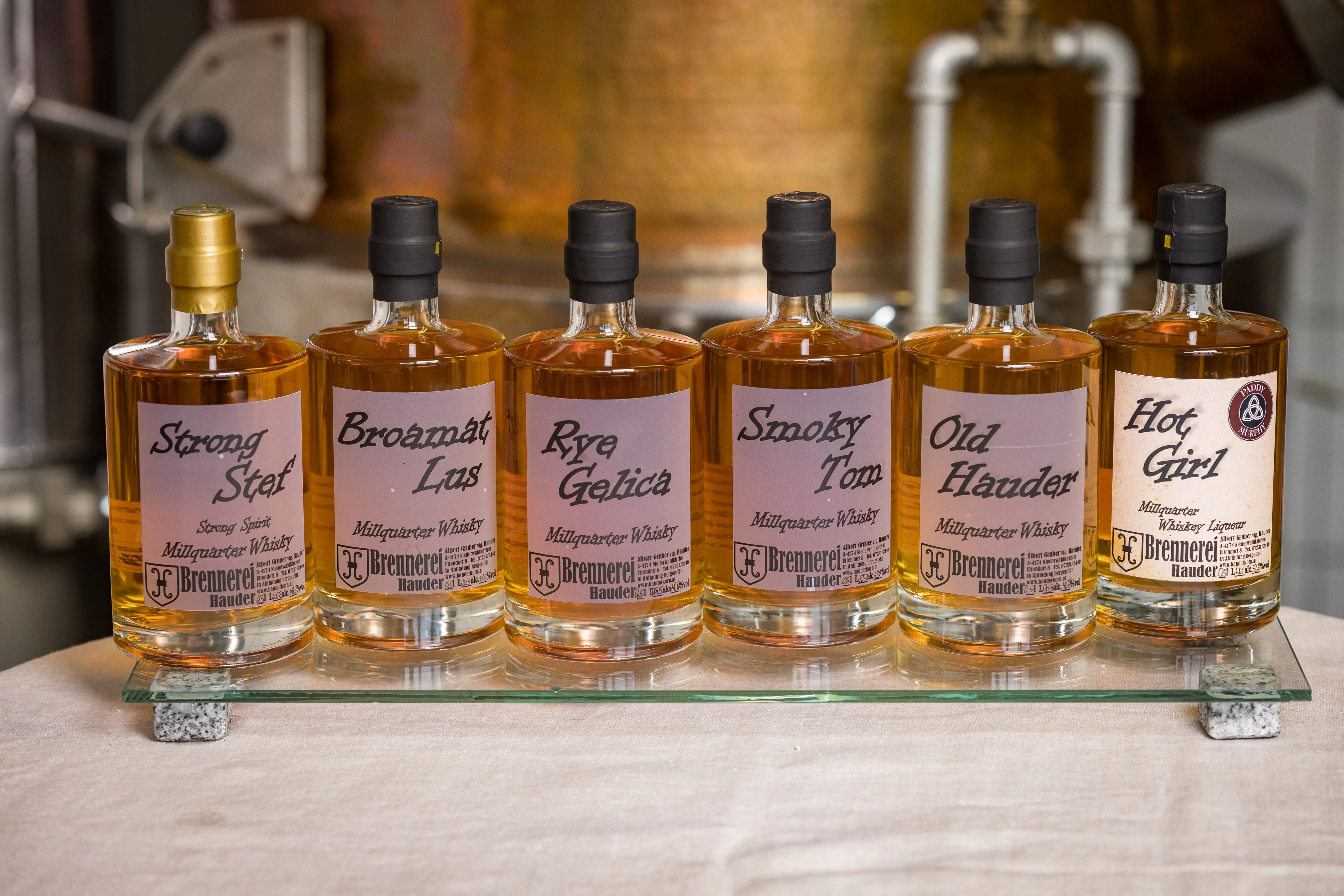 Auf einer schmalen Glasplatte auf einem Tisch stehen 6 Flaschen mit Whisky.