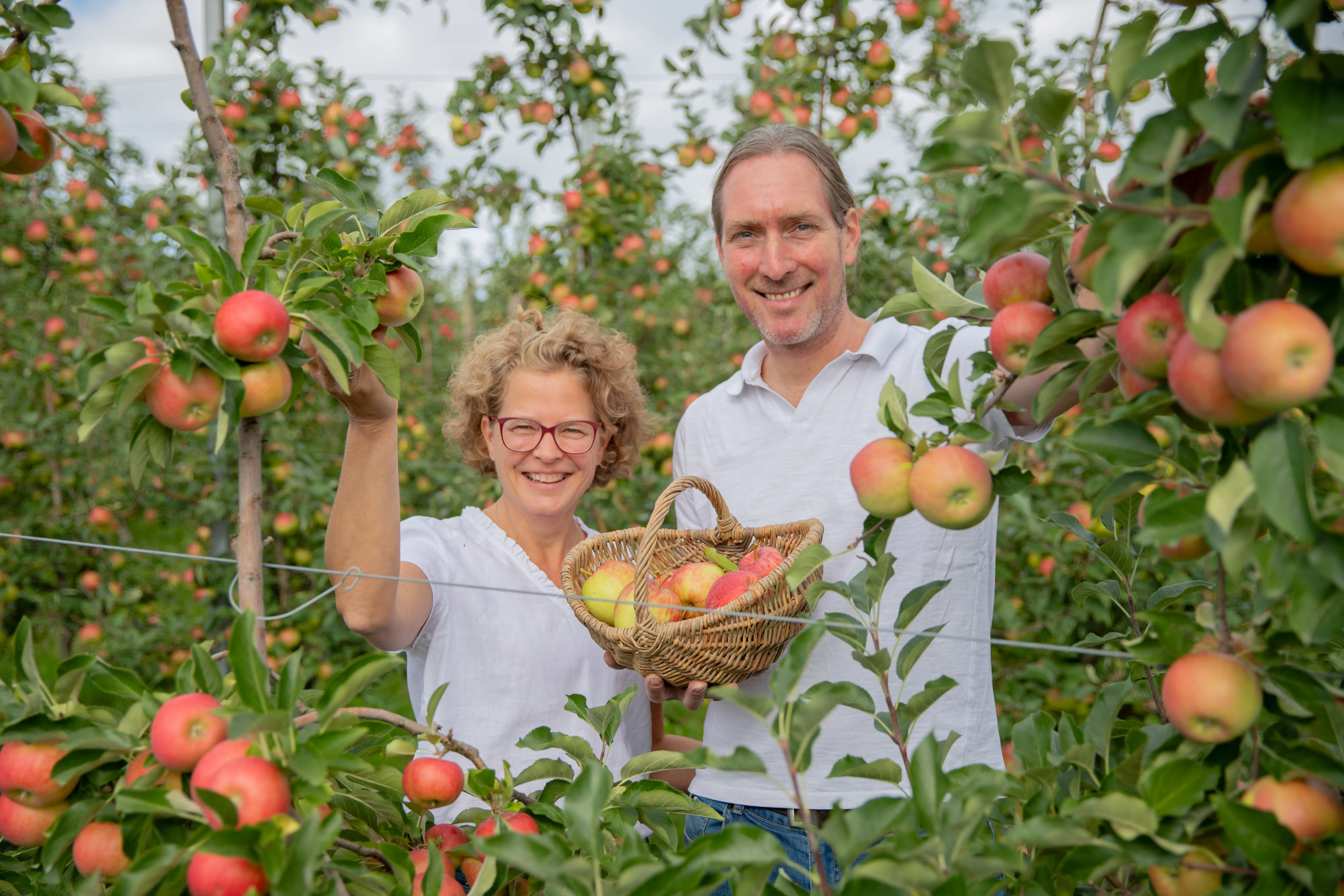 Ein Mann und eine Frau mit weißen Polo-Shirts lachen in die Kamera, stehen inmitten einer Obstplantage mit roten Äpfeln und pflücken jeweils Äpfel. Dazwischen ein Korb mit Äpfel.