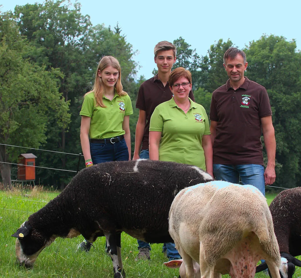 Auf einer grünen Wiese stehen eine Frau und ein Mann mit ihren beiden Kindern, ein Sohn und eine Tochter. Davor grasen braune und weiße Schafe. Dahinter grüne Bäume und Himmel.