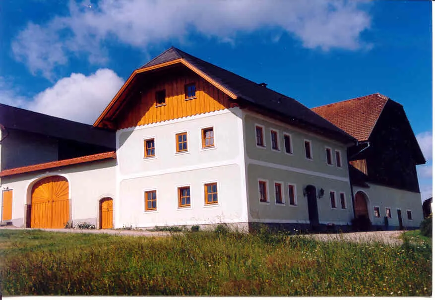 Auf dem Bild sieht man ein großes Bauernhaus mit braunen Holzfenstern, einem großen Holztor, und heller Fassade. Davor grüne Wiese und dahinter blauer Himmel