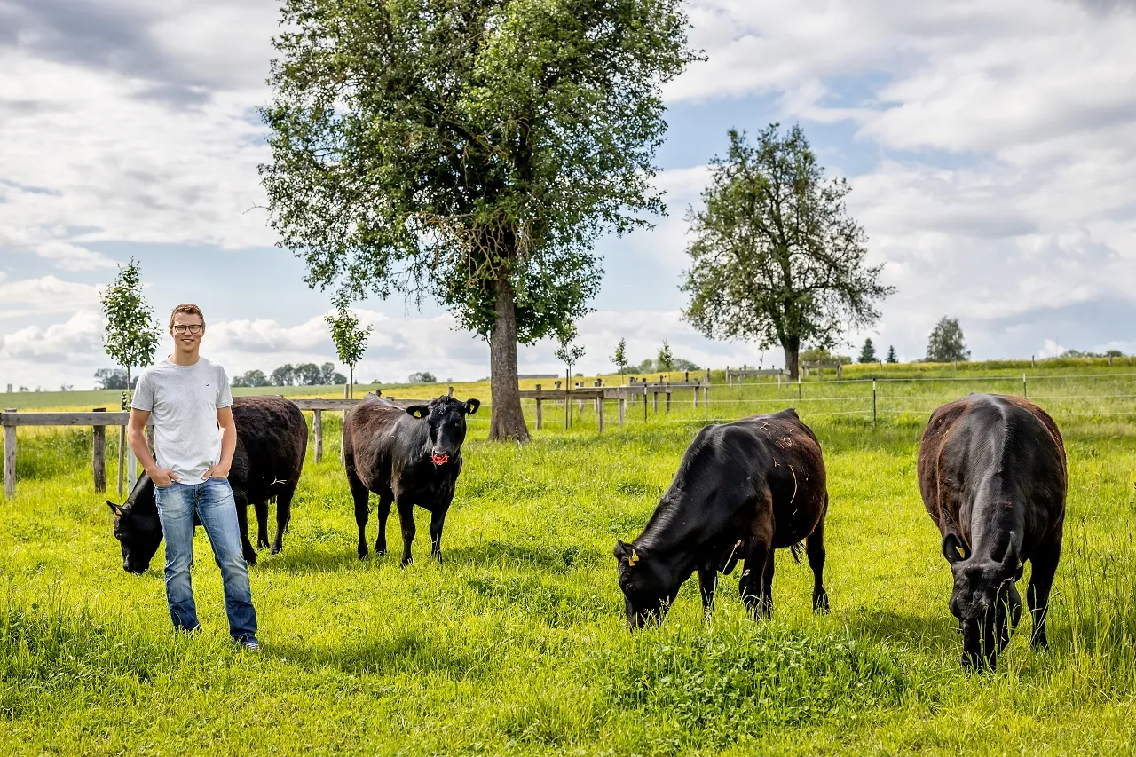 Herr Schiessl steht in weißem Shirt und Jeans auf einer grünen Weide mit dunkelbraunen Kühen, dahinter Wiese, Bäume und Himmel