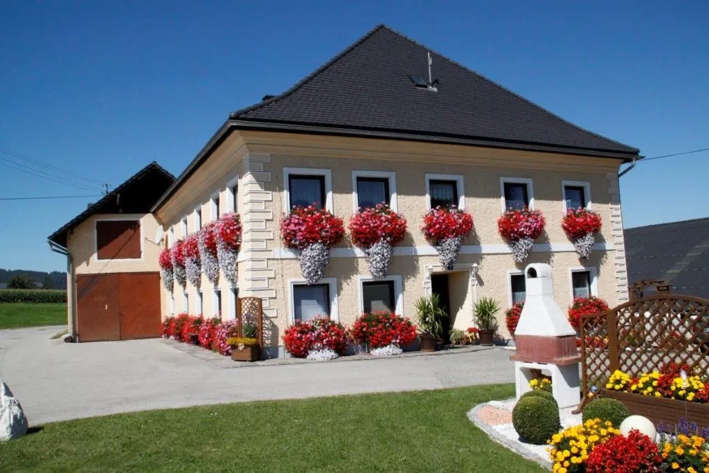 Auf dem Bild sieht man ein großes Haus mit gelb/weißer Fassade mit Blumenkästen mit roten und rosafarbenen Blüten. Davor Asphaltplatz und Wiese bzw. ein Grillplatz mit vielen bunten Blumen.