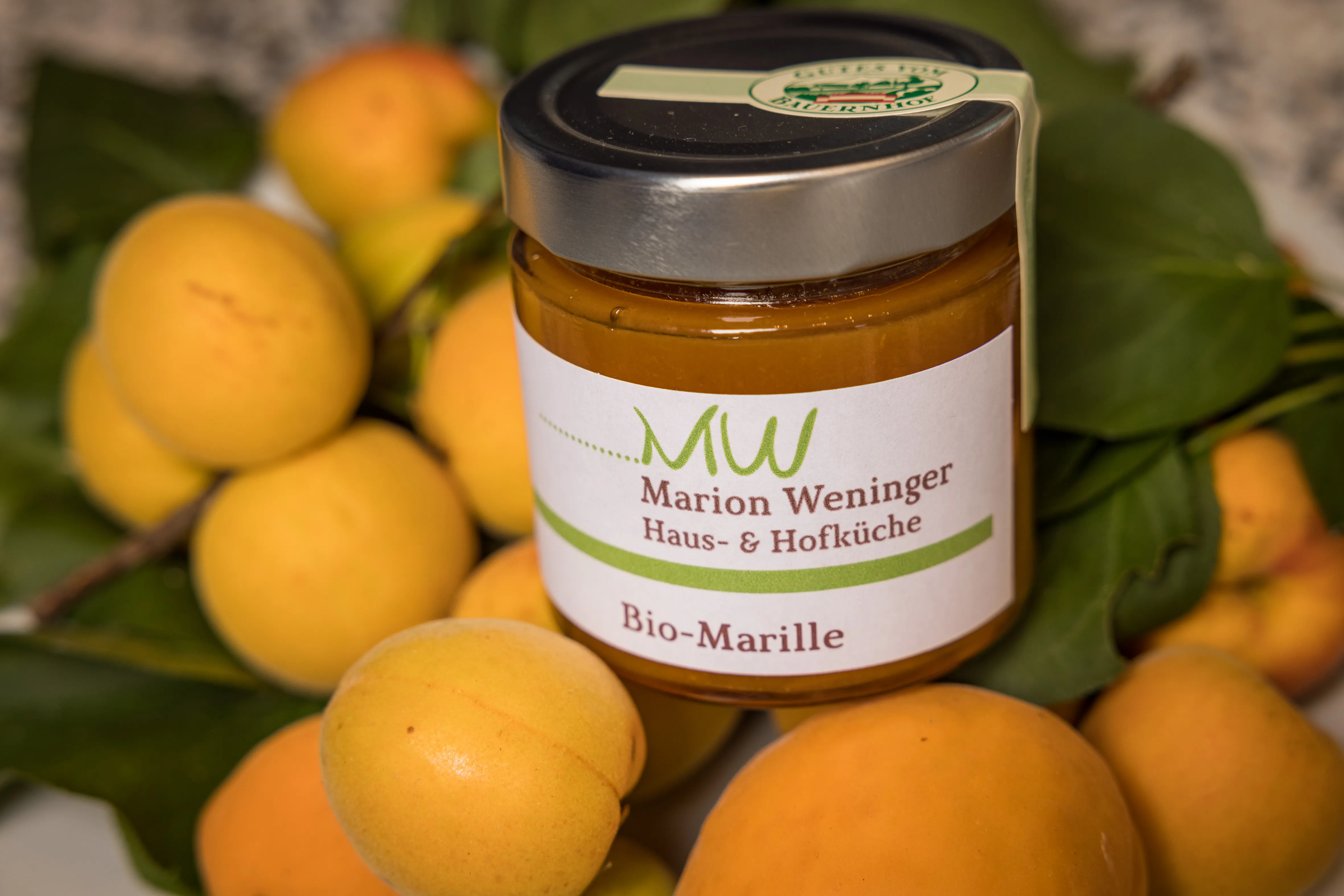 Auf einem Tisch liegen mehrere Marillen, darauf ein kleines Glas Bio Marillenmarmelade