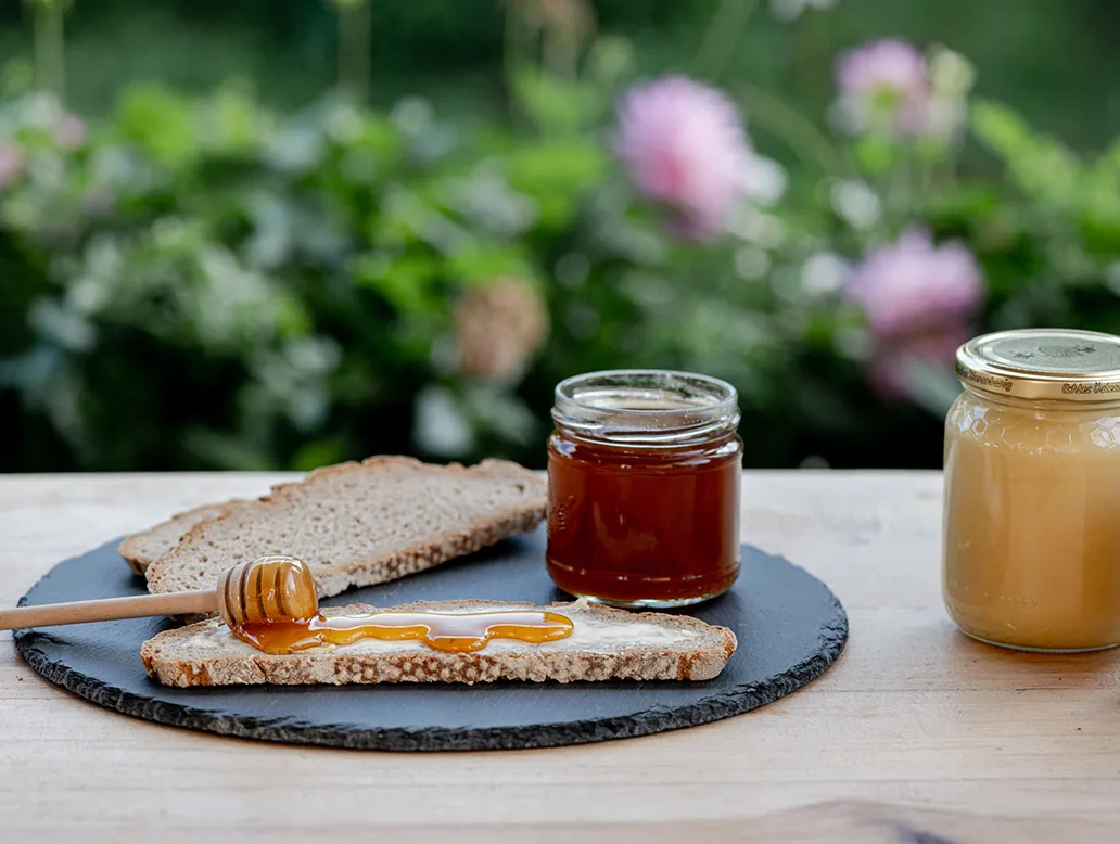 Scheibe Vollkornbrot mit Honig, Honiglöffel darauf, zwei Honiggläser im Hintergrund, unscharfe Blumen im Hintergrund