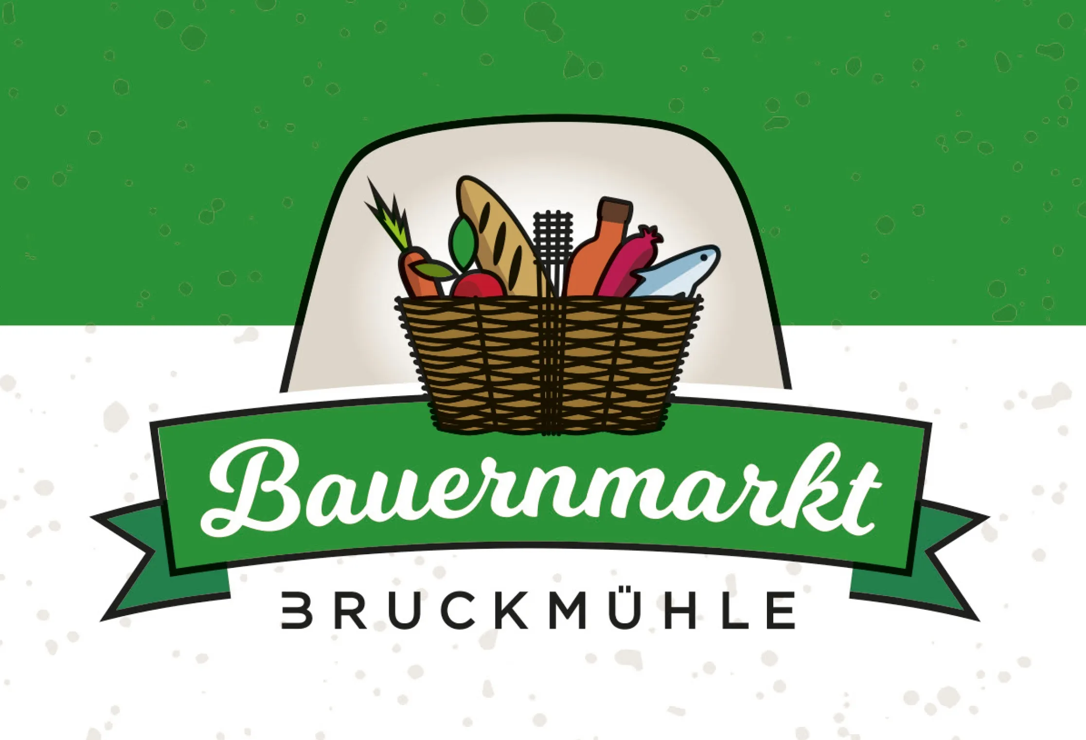 auf einem weiß/grünen Hintergrund sieht man einen Korb mit verschiedenen Produkten