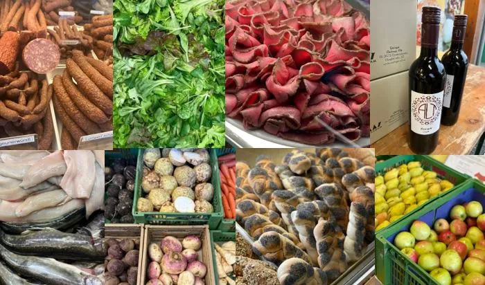 Auf dem Bild sieht man verschiedene Bilder mit verschiedenen Produkten, wie Speck, Gemüse, Wein, Obst, Salat, Fisch