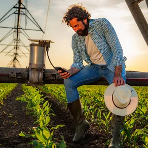 Mann in kariertem Hemd und Gummistiefeln sitzt auf landwirtschaftlicher Bewässerungsanlage, hält Smartphone und weißen Hut in der Hand.